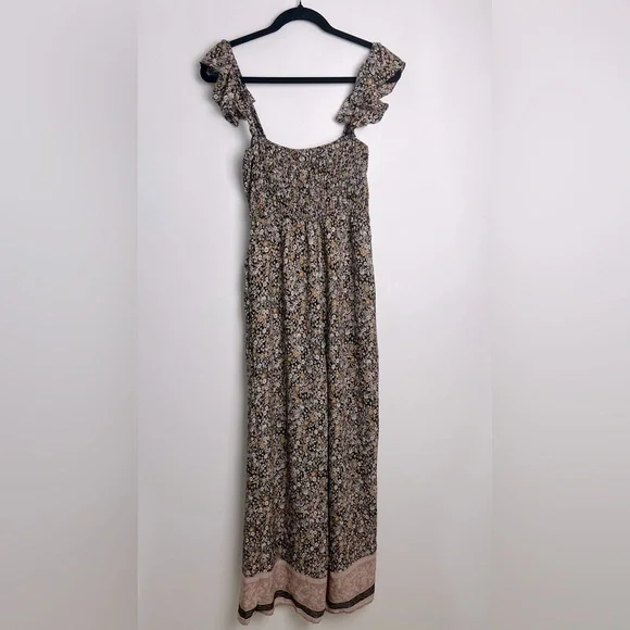 Francesca's Brielle Brown Gold Floral Smocked Ruffle Sleeves Jumpsuit Sz Small - Picture 7 of 9